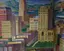 Art Deco mural before restoration showing darkened San Francisco cityscape with faded buildings, bay views, mountains, and ships in dull colors