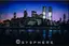 Custom painted city skyline backdrop depicting downtown Manhattan at dusk with illuminated skyscrapers and purple twilight sky, professional photography backdrop